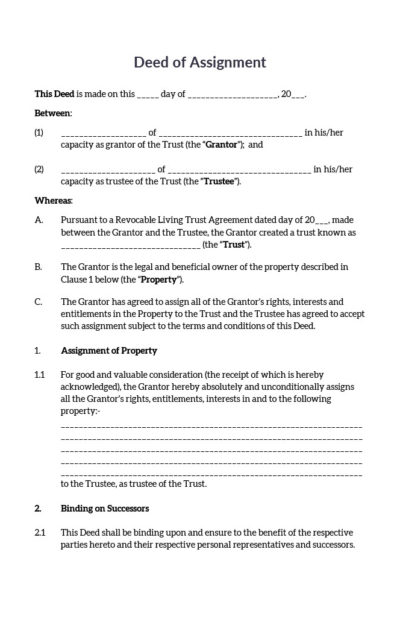 Deed of Assignment - Revocable Living Trust - Single Person Trust. Transfer assets to a trust.