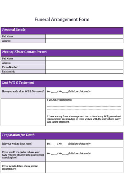 Funeral Arrangement Form, Funeral Planning Form, Funeral Plan