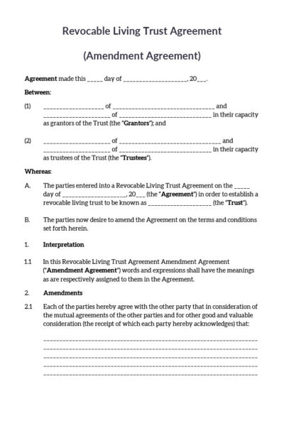 Revocable Living Trust Amendment Agreement - Married Couple. Avoid Probate.