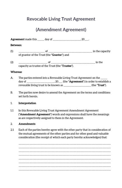 Revocable Living Trust Amendment Agreement - Single Person Trust - Avoid Probate